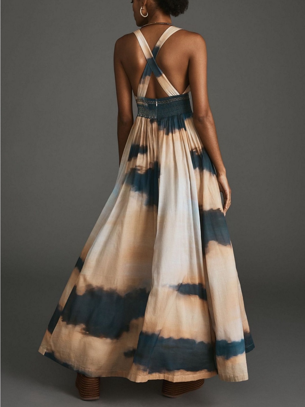 Tracy Reese Beige and Navy Tie-Dye Halter Maxi Dress - Picture 2 of 5